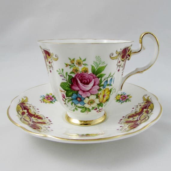 Royal Adderley Red Tea Cup and Saucer with Pink Rose and