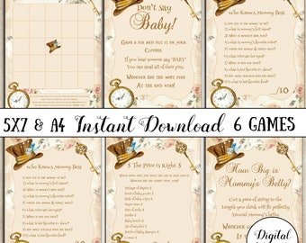 6 Alice in Wonderland Baby Shower Games Printable How big is mommy's belly,bingo,price is right,who knows mommy best,don't say baby