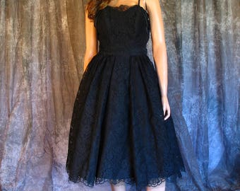 Vintage 1950s/1960s Saks Fifth Avenue Black Lace Cocktail Party Dress Fit and Flare Gathered Skirt Vintage 50s/60s Dress XS