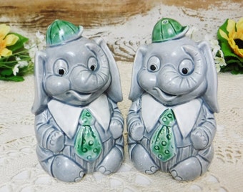 Salt & Pepper Shakers/Ceramic Salt and Pepper Shakers/Kitschy Kitchen Decor/Animal/Elephant/Gray Trunk Up/Figurine/Vintage/Japan