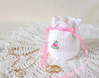 Bride gift bag Jewelry bag Bridal shower gift for bride Drawstring bag Embroidered Crochet bag Jewelry storage Engagement gift for women