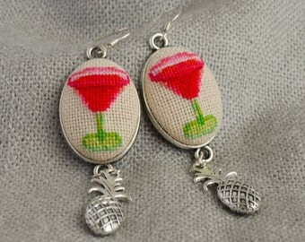 Gift for her Cross stitch jewelry Cocktail red earrings Embroidered jewelry Pineapple charm Cocktail party jewelry Hand embroidered earrings