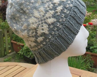 Traditional FairIsle hat, Snowflake hat, Alpaca/Wool hat, Grey/green lichen wool hat