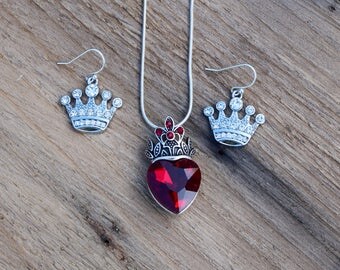 Evie's Necklace and Earrings Set, Descendants Red Heart with Crown Necklace and Crown Earrings, Pre Teen Gift, Rhinestone Heart