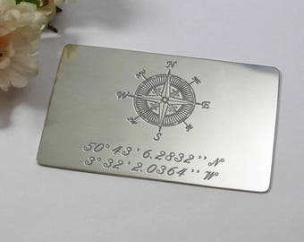 Custom engraved coordinates and message, personalised wallet insert for him, coordinates keepsake keychain, coordinates boyfriend gift card