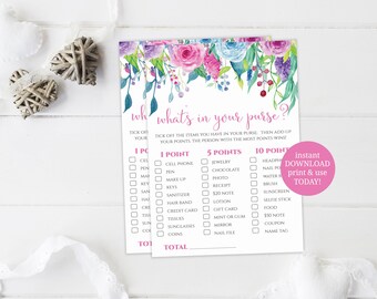 Floral Whats In Your Purse Game, Baby Shower Games, INSTANT DOWNLOAD, What's In Your Purse, Printable Baby Shower Activity, Baby Shower Game
