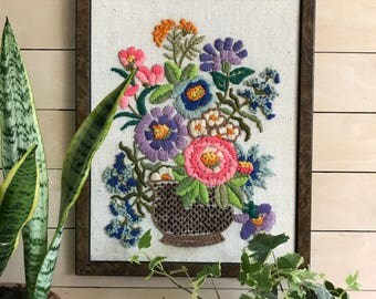 Vintage Floral crewel/ boho decor / floral embroidery / 70's framed crewel
