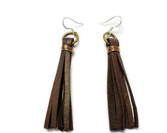 Leather Earrings, Tassle Earrings, Dark Brown Leather Tassle, Leather Tassel Earrings, Dark Brown Tassel Earrings, Leather Fringe Earrings