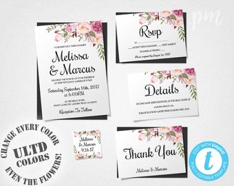 Wedding Invitation Template Set, Floral Boho Wedding Invite, Printable Invitation, Easy to Edit, Bohemian Wedding
