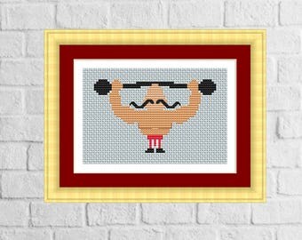 Circus Strong Man, Modern Cross Stitch Pattern, Digital Download, Point de Croix, Birthday Card, Embroidery, Counted Paper Chart, Big Top