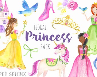 Watercolor Princess Clipart | Fairytale - Black and White Skintone - Floral Princess, Unicorn, Castle, Girly Princess Birthday