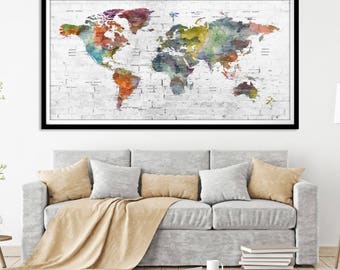 Large Wall Art World Map Push Pin Canvas Print, Anniversary Personalized Gift Push Pin Map Wall Art Poster Print, Push Pin World Map