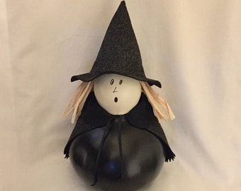 Halloween Witch Gourd-Halloween Decoration-Gourd Art-Hand Painted Witch Gourd