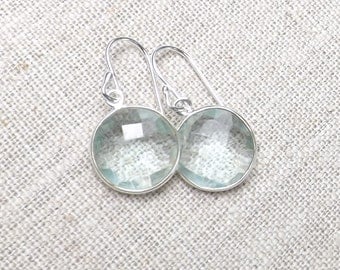 SALE 40% OFF Aqua Quartz pale blue earrings / Sterling silver Aqua Quartz round dangles / Faceted pale blue gemstone earrings