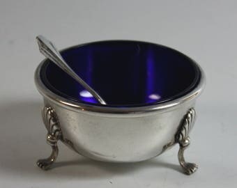 Sterling Silver Salt Cellar with Blue Glass Lining and Sterling Silver Salt Spoon