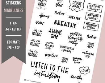 Mindfulness Printable Planner Stickers / Bullet Journal Stickers / Hand Lettered / Yoga Planner Stickers / Modern Calligraphy Stickers