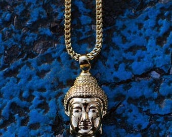 18k Gold PVD Plated Micro Buddha Head Necklace Chain Pendant 22" 28"