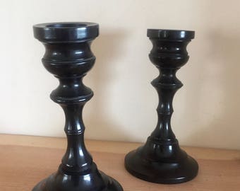 Vintage Pair of Small Ebony Candlesticks Made in England