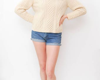fishermans cream sweater | hand knit wool sweater | mohair cable knit pullover | neutral v neck top | size medium