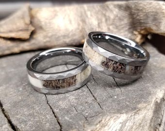 3 DAY FLASH SALE! 8mm Deer Antler Ring in Tungsten Hammered Finish Comfort Fit Wedding Band Mens or Womens (unisex ring) engagement ring