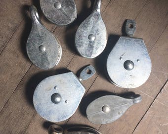 Vintage Lot / Set of 7 Heavy Metal Pulleys, Industrial Home Decor
