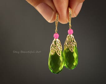 Peridot Quartz Gold Plated Earrings Summer Gemstone Jewelry Green Pink Earrings Briolette gift for her