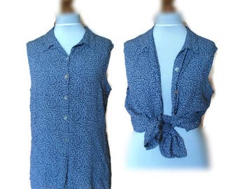 Vintage Floral shirt, Sleeveless top, Button down shirt, Button down blouse, Vintage Blouse, Blue blouse, Floral blouse, Summer blouse, M