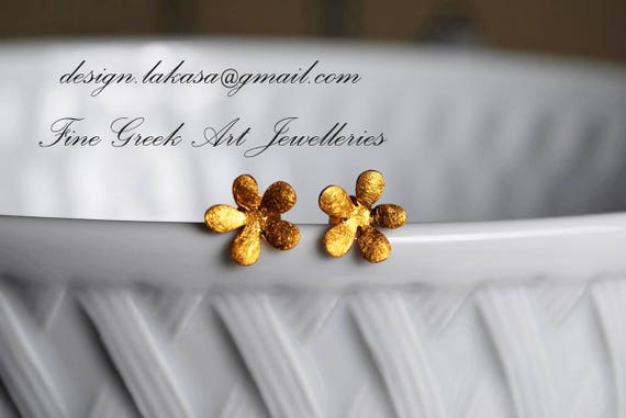 Flower Stud Earrings Sterling Silver Gold Handmade Jewelry Fine Greek Art Woman Girlfriend Sweet Girl Floral Design Moda Romantic Style Love