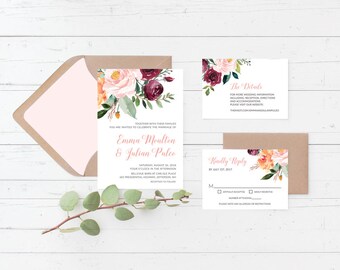Romantic Floral Printable Wedding Invitation Suite, Elegant, Simple, Rustic, Botanical, Burgundy, Peach Custom Printable Wedding Invite Set