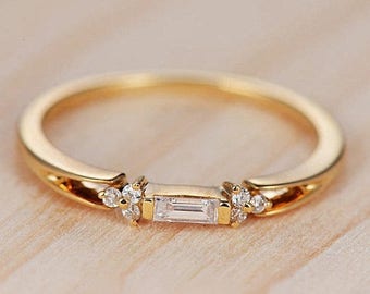 Diamond Wedding Band Women Baguette Cut Yellow Gold Promise Antique Bridal Set Delicate Solitaire Birthstone Anniversary Gift For Her