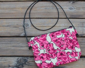 Cotton twill shoulder bag with bougainvillea Fuchsia design