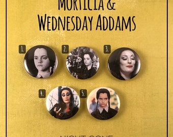 Morticia & Wednesday Addams Family 1" Buttons - Set of 5