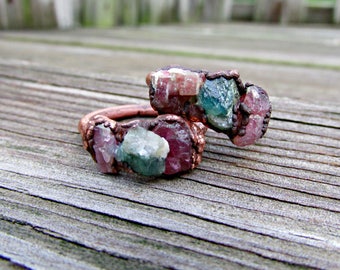 Rough watermelon tourmaline ring, rough gemstone ring, copper electroformed jewelry, crystal rustic jewelry, raw tourmaline ring, patina