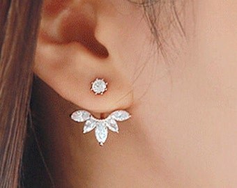 Silver Crystal Flower Ear Jacket Earrings Clear Rhinestone Stud Floral Crawler Pair Gold Front Back Beautiful
