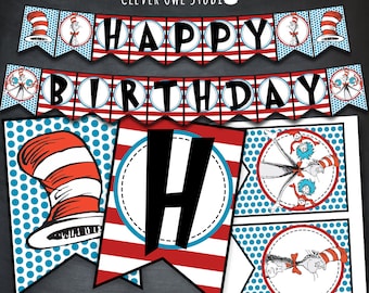 Cat in The Hat Banner, Cat in The Hat Birthday Banner, Cat in The Hat Party, Happy Birthday, Dr Seuss Book, Printable, Instant Download