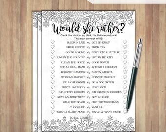 Would She Rather Snowflakes Bridal Shower Game - Printable Bridal Shower Game - Bachelorette Party Night - Hen Party Winter Wedding SF76