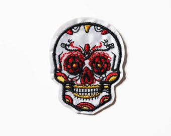 Sugar Skull Patch - Iron On Patch - Sew on Patch - White Embroidered Skull - Dia de los Muertos Skull Patch - White Applique Skull
