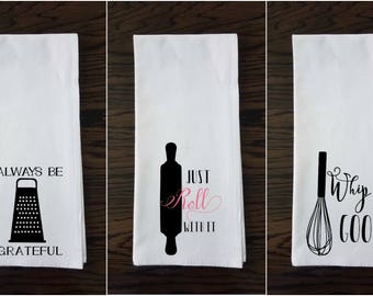 Personalized kitchen towel. Be gRateful, Roll with it, whip it tea towel. Monogrammed kitchen towel. Funny tea towel.Gifts