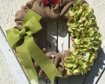 Burlap wreath, Green Hydrangea Wreath, Summer Wreath, Spring Wreath, Front Door Wreath, Floral Wreath