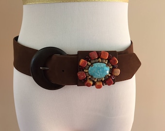 Vintage Ives St. Laurent Rive Gauche Brown Suede Belt/Wood Buckle/Embellished Belt Loop