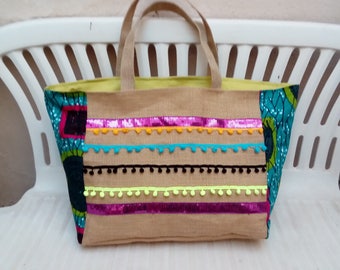 Great beach bag in Burlap and fabric wax