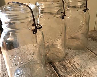 Three 1930s Ball Mason Jars with Wire Cinch