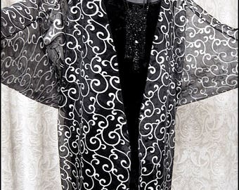 Art Nouveau Arabesque - Sheer Black and Silver Batwing Sleeved Cocoon Jacket Kimono Robe by Kambriel - Brand New & Ready to Ship!