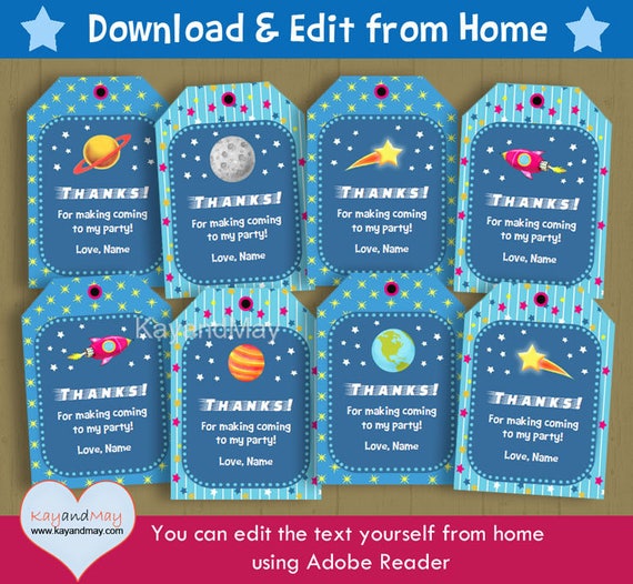 outer space party favor tags astronaut rocket stars planets theme
