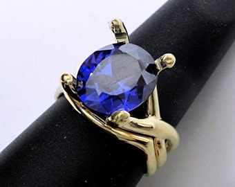 AAAA Blue Sapphire 12x10mm 8.36 Carats Man Made in 14K Yellow gold Bridal set - ELKE- ring 1314