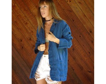 Oversized Blue Linen Blazer Jacket - Vintage 80s, 90s - M/L