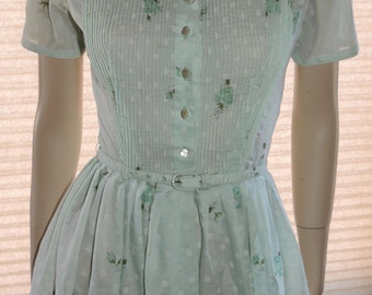 1950s Baby Blue Rose Full skirt Fited Waist Summer Dress