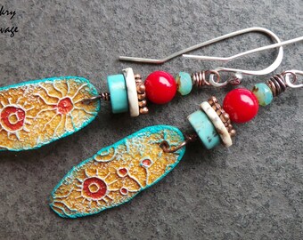 Tribal Earrings, Organic, Rustic, Turquoise, Red Coral, Constellation, Ceramic Charms, Sterling Silver, Bohemian Earrings
