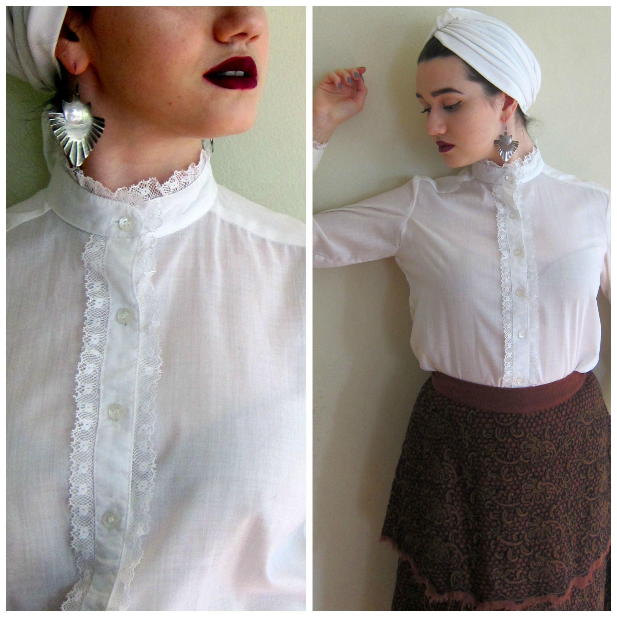 Vintage 1970s White Button Down Blouse with Lace / 70s White