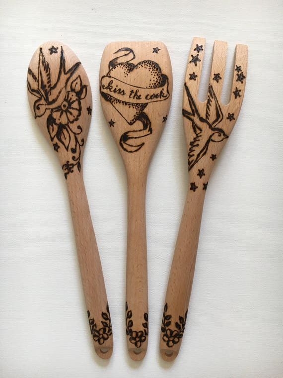 Old School Tattoo Wood Burned 3 Piece Utensil Set of a heart